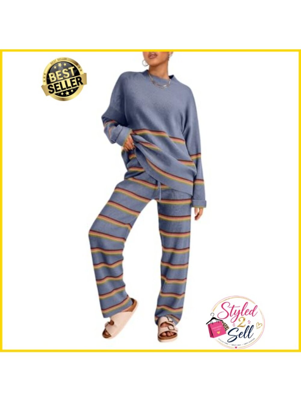 Striped Knit Sweater Lounge Set 2 Piece Pullover & Pants Loungewear